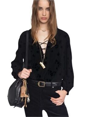 NWT Zadig & Voltaire Tamela Soft Flock Flowers Tunic Blouse Black Small